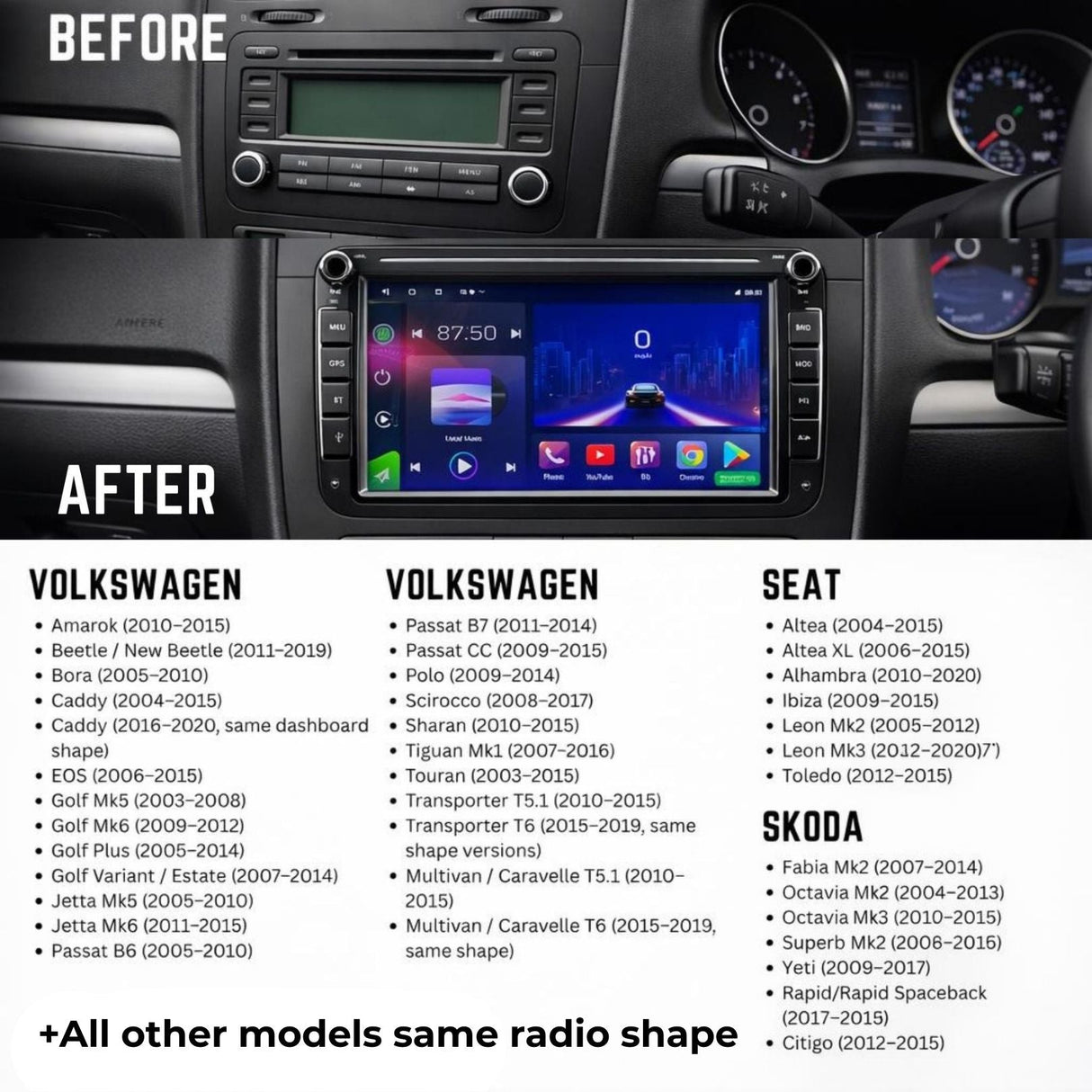 Volkswagen Seat Skoda 8inch Display Android 14 Car Stereo Head Unit with Wireless CarPlay Android Auto - WeFitAnyCar