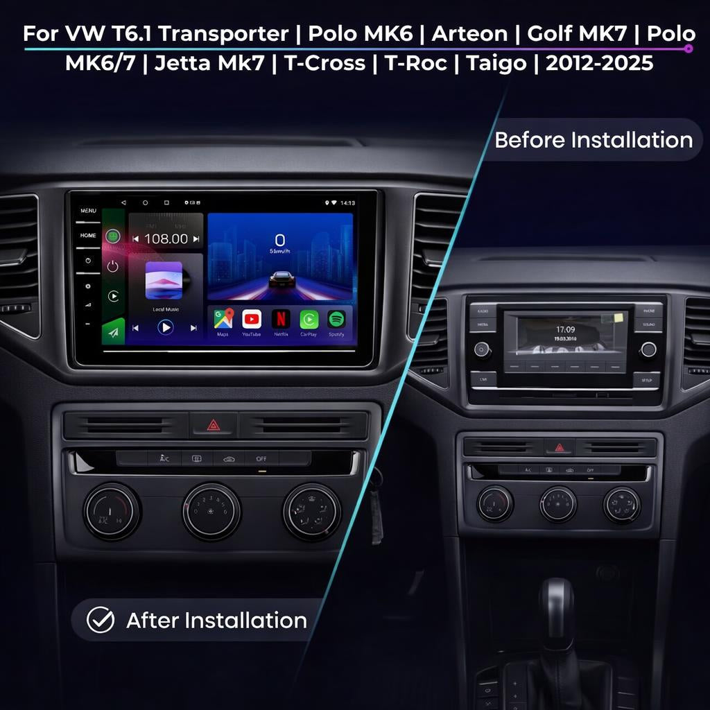 Volkswagen 2012-2025 T6.1 Transporter Polo MK6 Arteon Golf MK7 Polo MK6/7 T-Cross T-Roc Taigo Android 14 Car Stereo Head Unit with Wireless CarPlay Android Auto - WeFitAnyCar